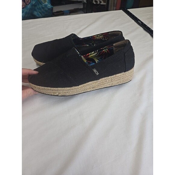 Bobs Skechers Shoes‎ 9 Espadrilles Slip On Comfort Black Tan Fabric Wedge Arch - Picture 4 of 10